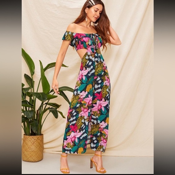 Women’s Floral Maxi Dress Medium Tropical Pink Flowers Open sides Off shoulder - Picture 7 of 8